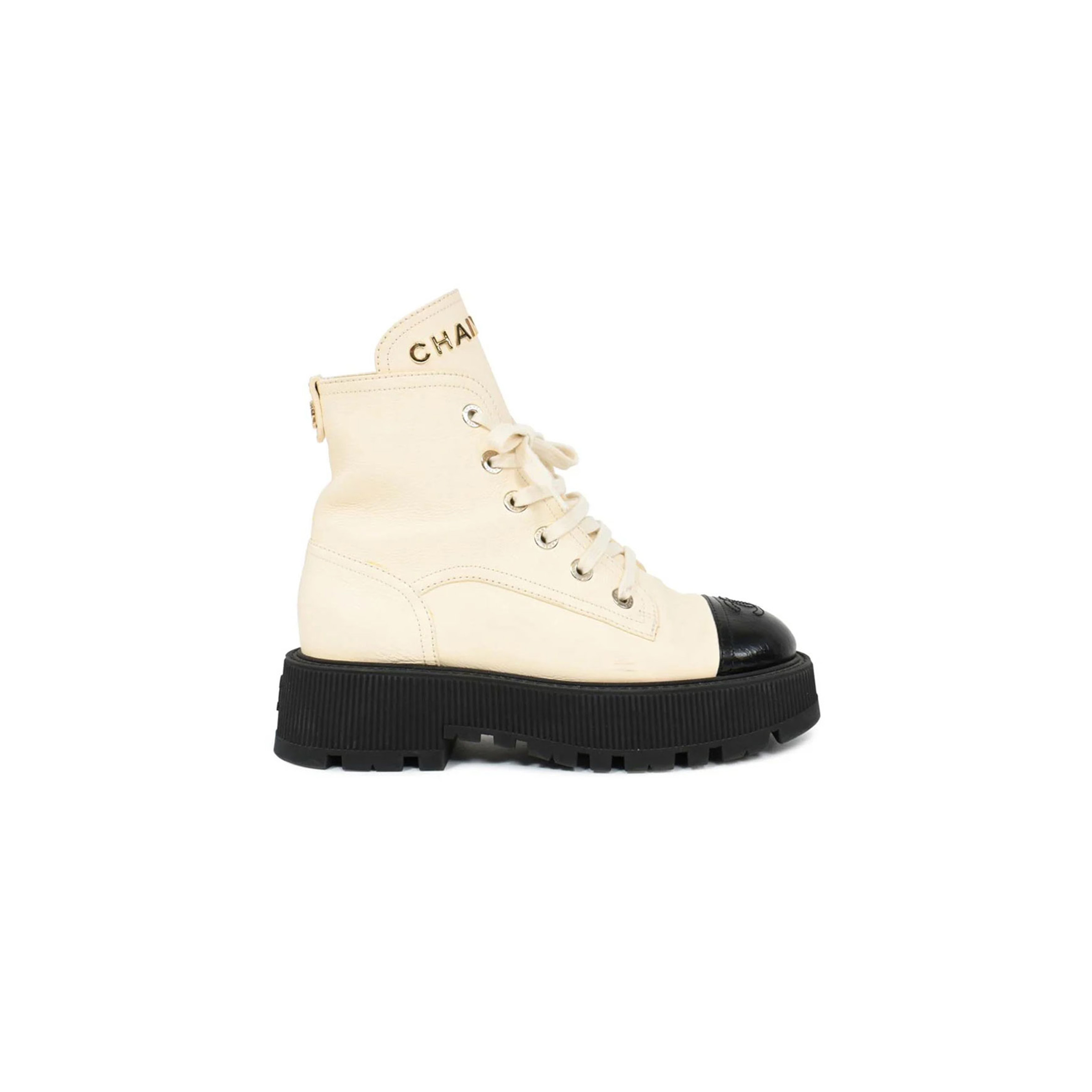 Ch*el cream and black leather cap-toe logo combat boots ws8385